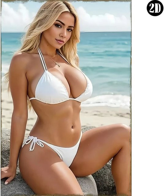 Metall-Blechschild CIFBUY Wanddekoration mit Porträt einer blonden Frau im weißen Bikini für maritime Strandmotive, Rechteckig - Bild 1