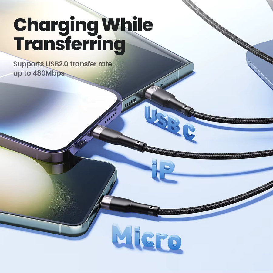 Toocki 3-in-1 USB auf Typ C Micro und Lightning Schnellladegerät und Datenkabel in Schwarz - Bild 3