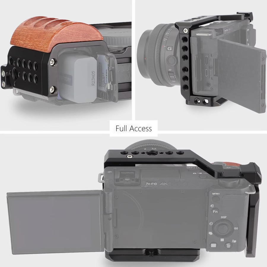 Probty Kamera-Käfig mit Holzgriff für Sony ZV-E10 in Schwarz mit Kaltschuh und Schnellwechselplatte - Bild 5