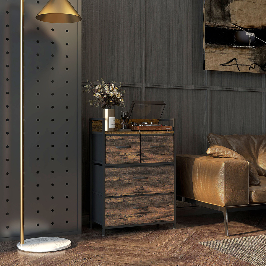 HOMCOM Kommode mit 4 faltbaren Stoffschubladen im Industrial Design, Aufbewahrungsschrank mit Stahlrahmen in Rustikal-Braun - Bild 2