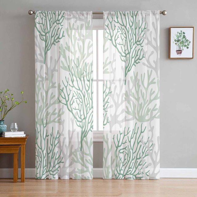 Marine Koralle Grün Transparente Tüll Vorhänge aus Organza für Wohnzimmer und Küche, Breite: 135 cm, Höhe: 115 cm - Bild 1
