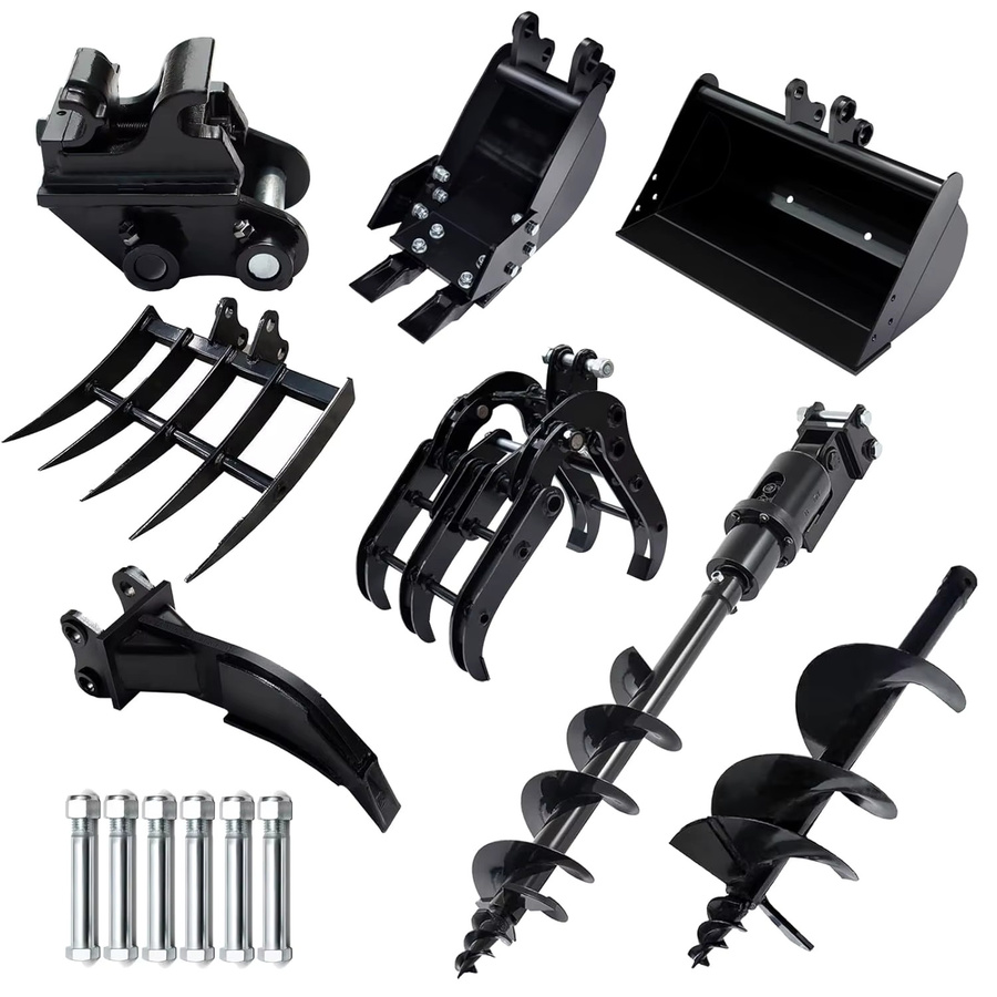 MMS 8-in-1 Mini-Bagger Anbaugeräte Set mit Schnellwechsler, Ripper, Rechen, Greifer und Erdbohrer - Bild 4