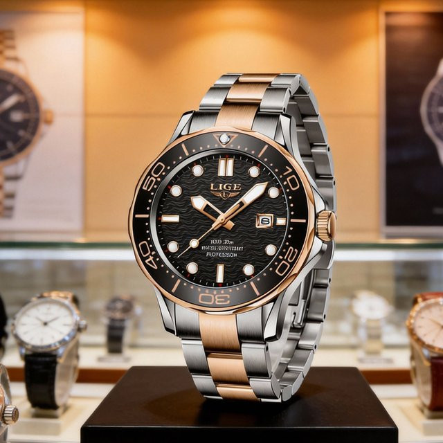 LIGE Armbanduhr Edelstahl, Quarz, Schwarz, Herren - Bild 1