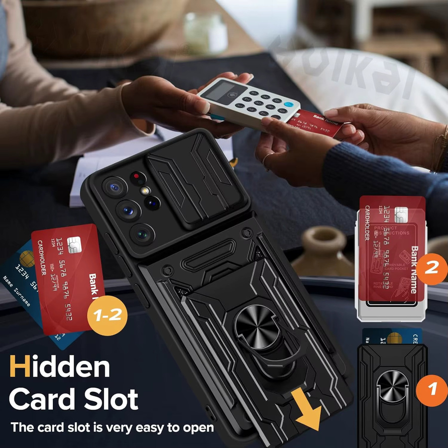 Samsung Brieftaschenhülle mit Kartenhalter und Ständer sowie Schiebe-Kameralinsen-Schutz für Galaxy S26 Ultra S25 Ultra S24 Ultra in Schwarz und Rot - Bild 3