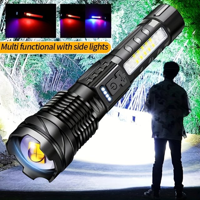 BALDR XHP50 LED-Taschenlampe mit Seitenlicht, wasserdichte wiederaufladbare Zoomlampe mit Typ-C-Anschluss für Camping und Angeln - Bild 1