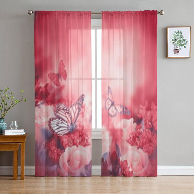Super Six Transparent Voile-Organza Vorhang mit floralem Rosenmuster in Pink, Rot und Gelb, B: 135 cm, H: 114 cm - Bild 1