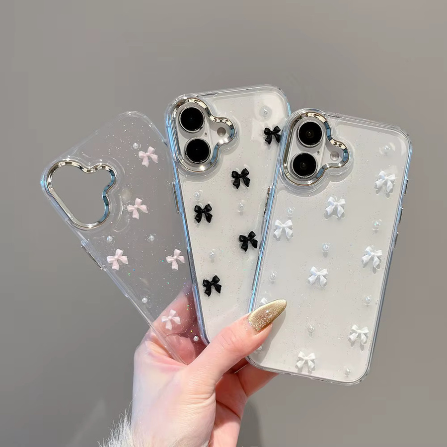 NUOCDE Smartphone Schutzhülle für iPhone 11 12 13 14 15 16 Pro Max Plus, Transparent mit rosa Schleifen, Perlen und Glitzer, Stoßfeste TPU Hülle - Bild 1