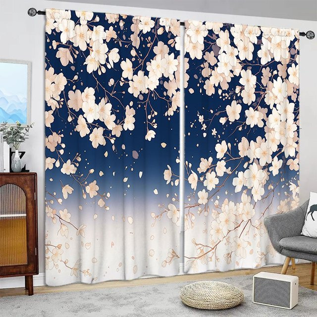 2er-Set Vorhang mit Sakura-Tropfen-Druck in Grau und Blau, halbtransparentes Fensterdesign mit Blumenmuster für Wohnzimmer, Schlafzimmer oder Büro, B: 52,5 cm, H: 116 cm - Bild 1