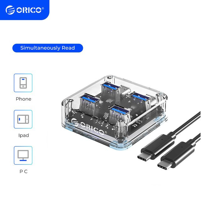 ORICO USB-C 4-Port USB 3.0 Hub mit 5 Gbit/s und Netzteil, transparenter USB-C Adapter und Dockingstation für PC und Laptop - Bild 1