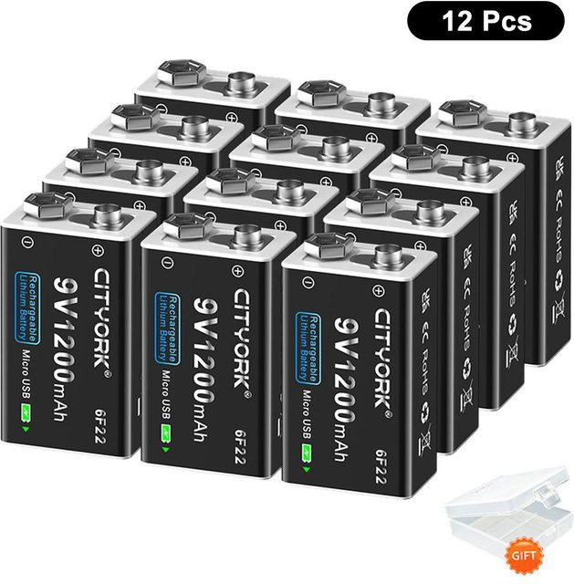 CITYORK 9V Li-Ion Akku 1200mAh mit USB-Anschluss, 12er Set, Schwarz - Bild 1