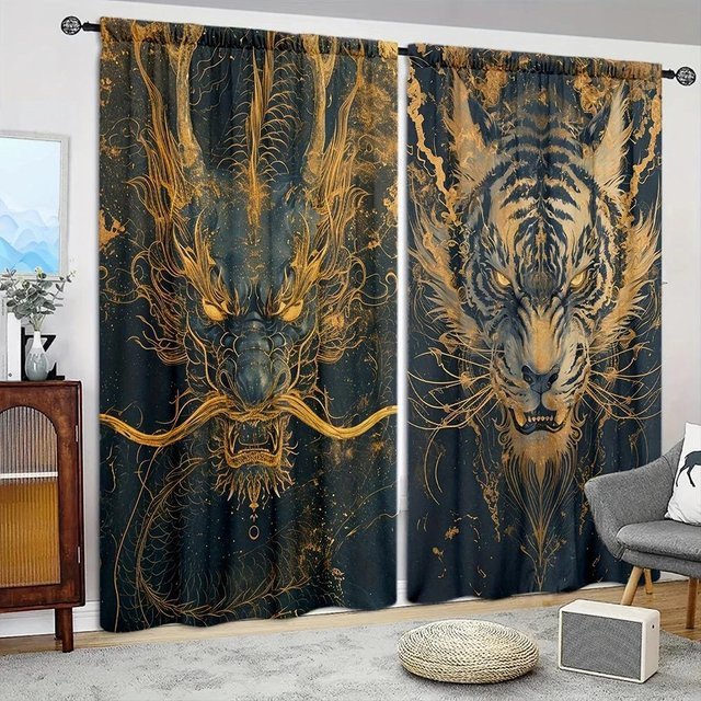2er-Set Drache und Tiger Kampf Vorhang mit Grafikprint in Braun für deine Heimdekoration, B: 52,5 cm, H: 116 cm - Bild 1