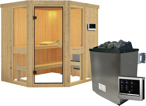 Karibu Sauna Pölva 1 aus Fichtenholz in Beige inklusive 9 kW Saunaofen mit externer Steuerung für 3 Personen, B/T/H: 170 x 198 x 196 cm - Bild 1