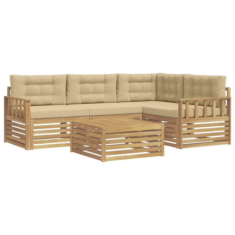 vidaXL Outdoor-Sofagarnitur 6-teilig in L-Form mit Kissen und Couchtisch, Weiß und Beige, aus Akazienholz und UV-beständigem Polyester - Bild 2
