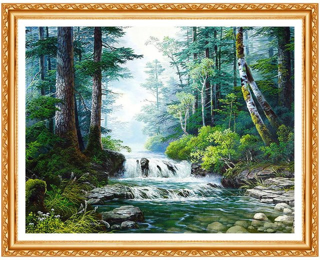FIYO DIY Diamantmalerei Wasserfall Wald Motiv in Grau und Multicolour, 5D Vollbohrer Stickerei Set, Breite: 30 cm, Höhe: 20 cm - Bild 1