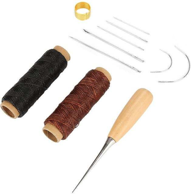 Shoemst Nähset für die Reparatur von Schuhen und Taschen mit gewachster Kordel, Handnadel, Ahle und Fingerhutring in Schwarz - Bild 1