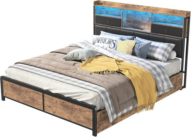 PXloue Polsterbett mit Schubladen und LED-Beleuchtung in Schwarz mit USB-Anschluss und Nachttischregal aus Kunstleder und Holz, B/T/H: 140-160 x 200 x 142 cm - Bild 1
