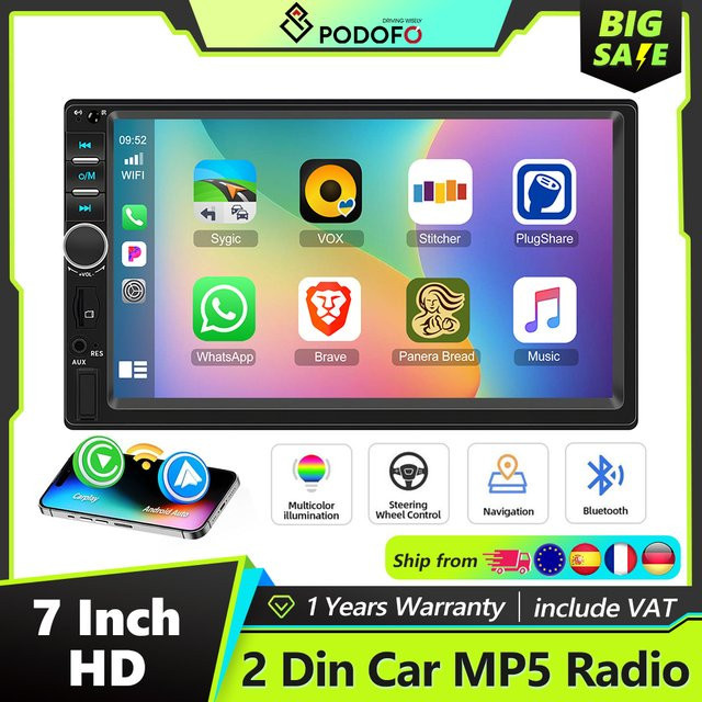 Podofo 2 DIN Autoradio mit 7 Zoll Display, Carplay, Android Auto, Mirror Link, Bluetooth, FM-Radio und USB/TF-Schnittstelle in Schwarz - Bild 1