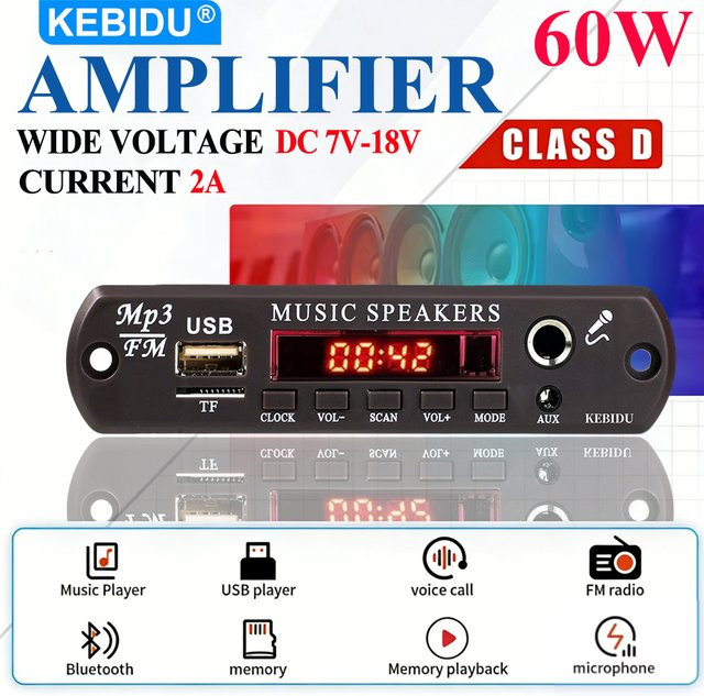 KEBIDU 60W Bluetooth 5.3 Verstärker MP3 Decoder Board mit FM, AUX, TF und Mikrofon, Schwarz - Bild 1
