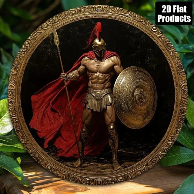 Spartan Warrior Metall-Wandkunst von CIFBUY, rundes Weißblechgemälde in Weiß und Rot, Durchmesser: 20 cm - Bild 1