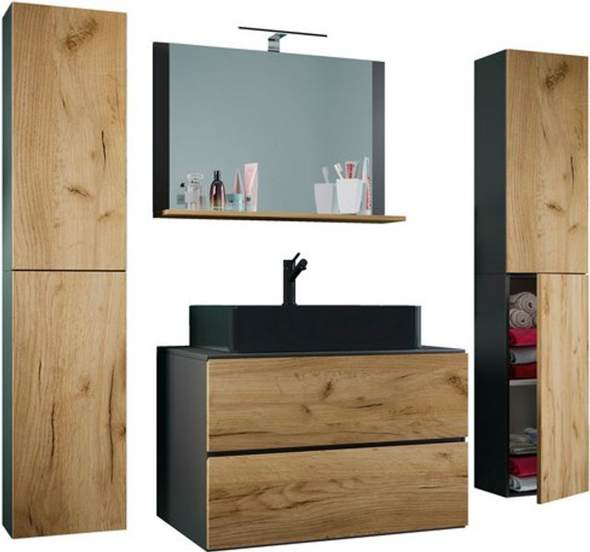 VCM Badmöbel Set Lendas S BL in Schwarz, 5-tlg. Waschplatz mit Keramik-Waschtisch, Unterschrank mit Schubladen und Drehtüren, Hochschrank und Spiegel, Breite: 60 cm - Bild 2