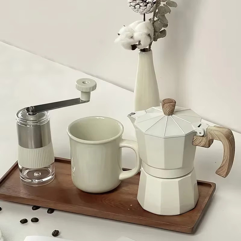 JUSTINLAU Kaffee-Set mit manueller Kaffeemühle, Espresso Maker, Moka Topf, Glas und Keramiktasse in Schwarz - Bild 3