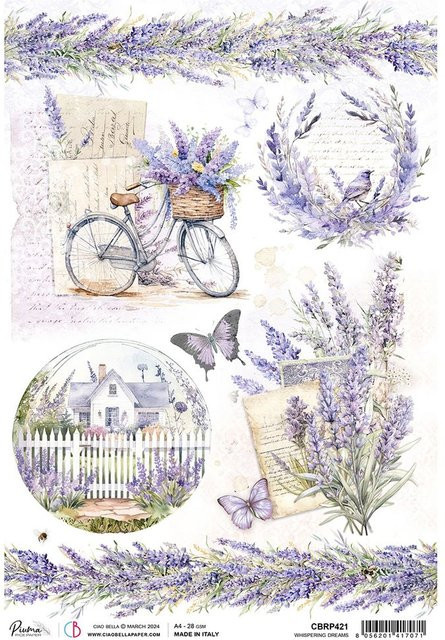 Motiv-Strohseide Ciao Bella Morning in Provence Lavendel am Gartenzaun in Violett und Multicolour, Format A4 - Bild 1