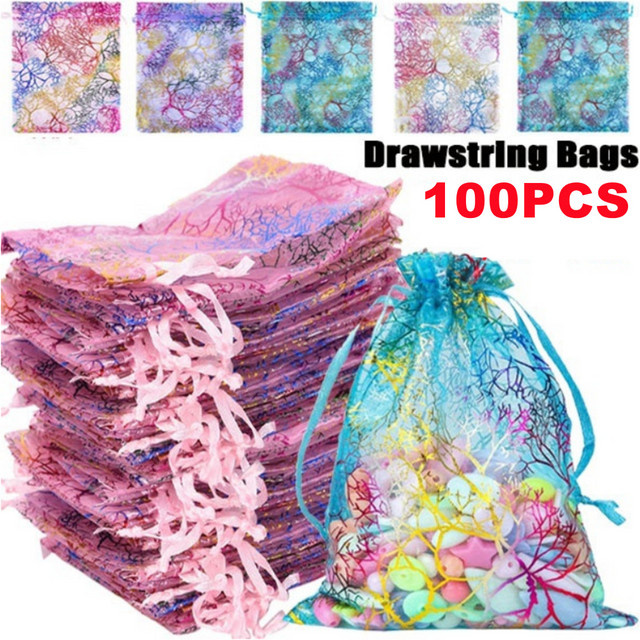 100 Stück bunte Organza-Schmuckbeutel mit Kordelzug für Hochzeiten und Geschenke - Bild 1