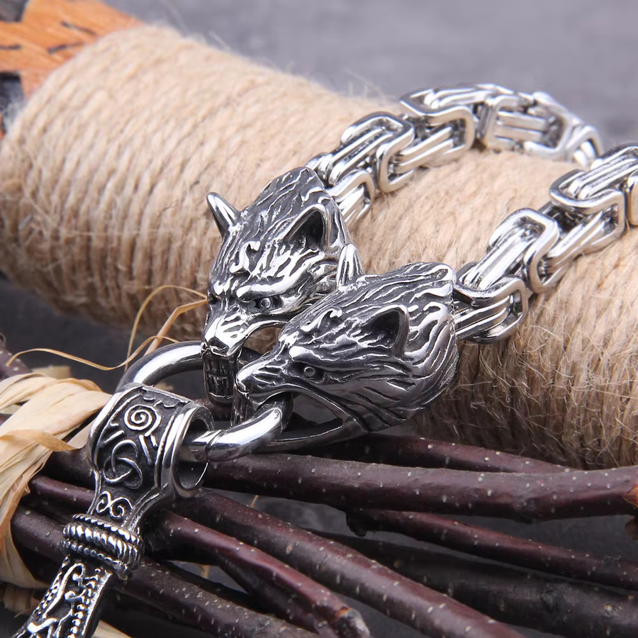 Vikings Jewelry Halskette Edelstahl, Wolfskopf, Thor Hammer Mjolnir, Unisex - Bild 2