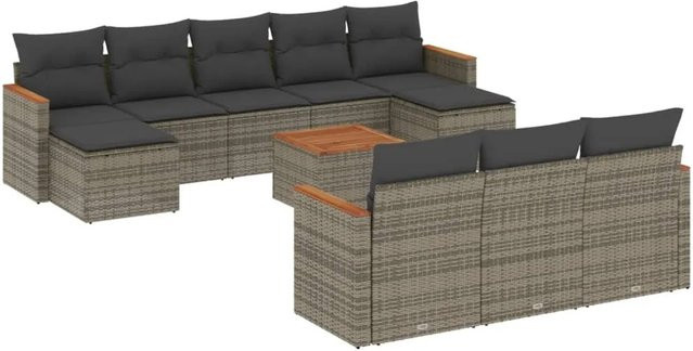 vidaXL 11-tlg. Garten-Sofagarnitur in U-Form aus Polyrattan und Akazienholz mit grauen Kissen - Bild 1