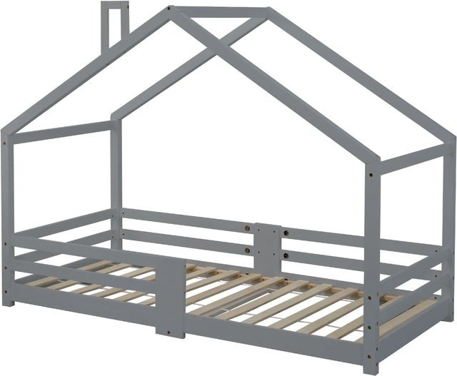 Merax Hausbett für Kinder aus Kiefernholz in Grau mit Rausfallschutz, B/T/H: 90 x 200 x 120 cm - Bild 1
