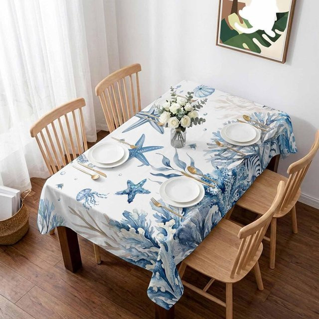 Wasserdichte quadratische Tischdecke von JINGYUE Pet in Blau mit Meeresmotiv, B/B: 140 x 140 cm - Bild 1