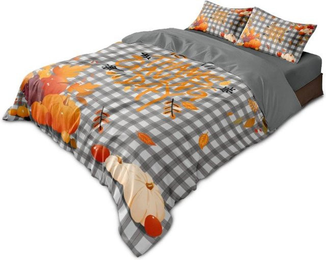 3-teiliges Bettwäscheset mit Herbsternte-Kürbisdruck in Grau, weiches Mikrofaser-Set für Schlafzimmer und Wohnheim, B/H: 135 x 200 cm - Bild 1