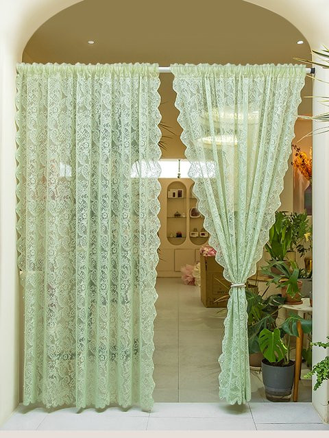 ELKCA Spitzenvorhang Grün Transparent mit floraler Bestickung im Vintage-Stil, Breite: 140 cm, Höhe: 60 cm - Bild 1