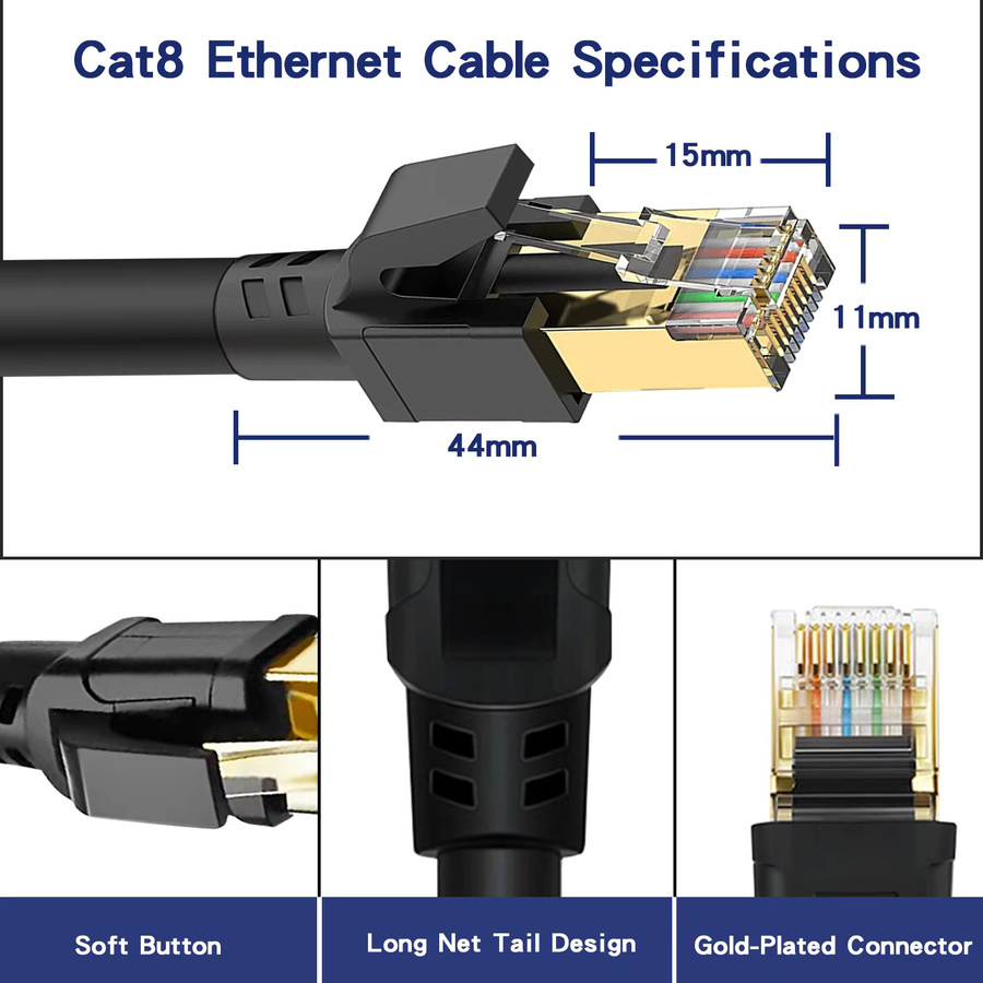 D-Sunty Cat 8 Ethernet-Kabel mit RJ45-Steckern, 40 Gbit/s und 2000 MHz, SFTP Patchkabel für LAN und Internet, erhältlich in Blau oder Schwarz - Bild 5