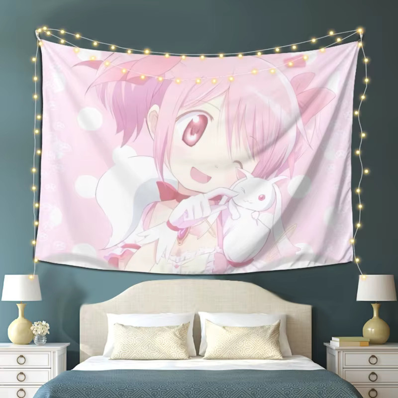 VIKAMA Wandteppich Puella Magi Madoka Magica mit Madoka und Kyubey-Design in Pink - Bild 2
