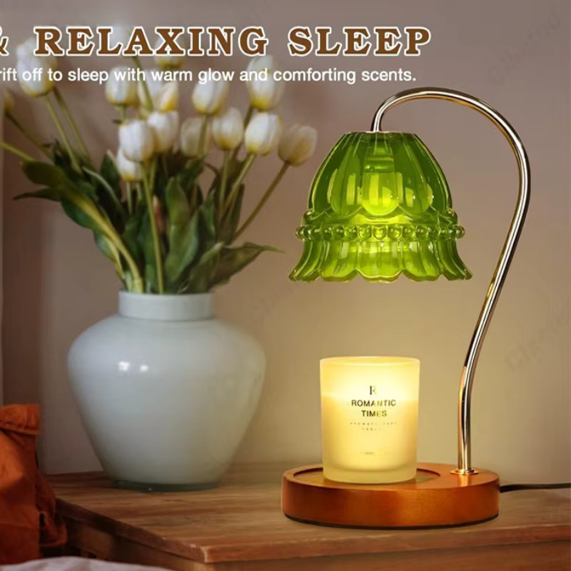 Claeted Aromatherapie-Wachsschmelzlampe aus Glas und Metall in Grün mit Gold/Messing-Akzenten, dimmbar mit Timer für dein Schlafzimmer - Bild 2