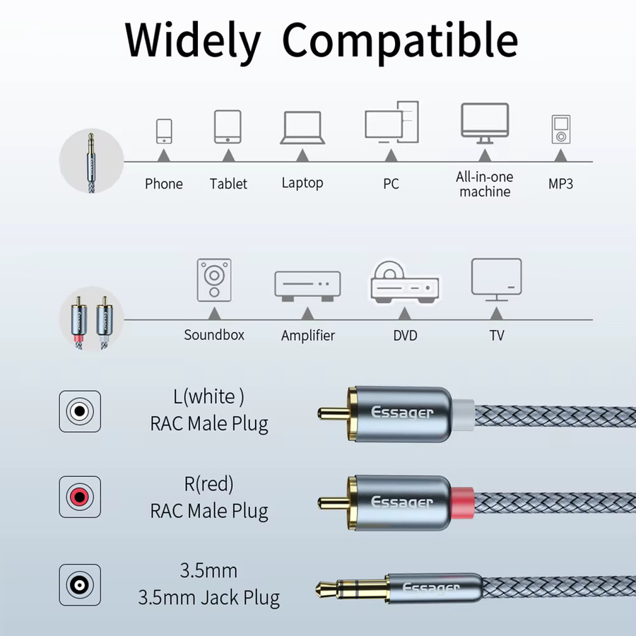 Essager Aux-Kabel 3,5 mm Klinke auf 2 Cinch-Stecker Splitter in Grau - Bild 4