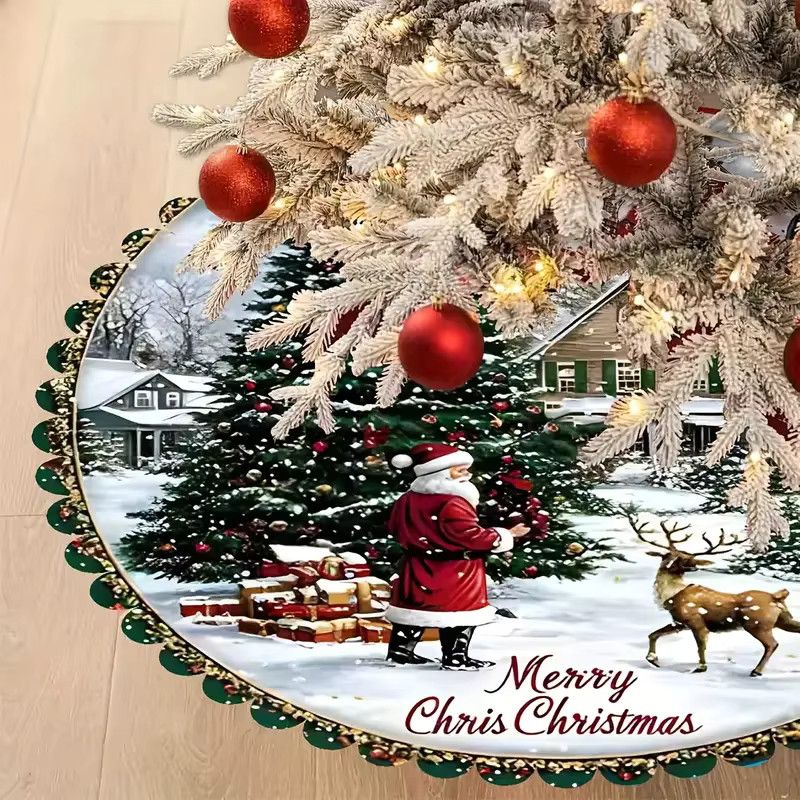 VIKAMA Weihnachtsbaumrock mit Winter Santa und Elch Motiv für Indoor und Outdoor Dekoration - Bild 2