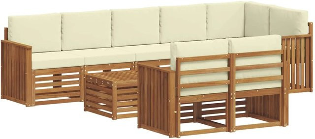 vidaXL Sofagarnitur 9-teilig in U-Form aus Massivholz Akazie in Natur und Creme mit Polsterung und Kissen - Bild 1