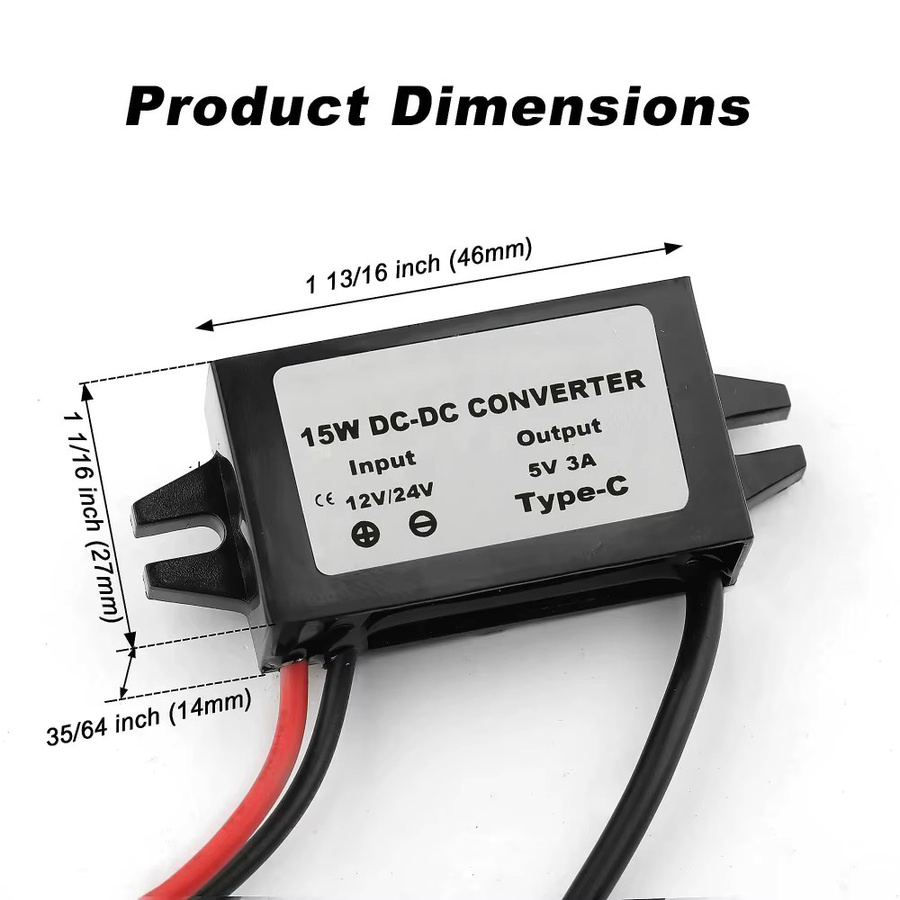 Waohei DC-DC Konverter Buck Modul von 12V/24V auf 5V mit USB-A und USB-C Buchse, schwarz, wasserdicht und staubdicht - Bild 5