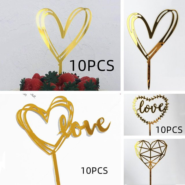 10 Stück herzförmige Tortenaufsätze Happy Birthday von WOHLTAO in Gold aus Acryl zur Dessert-Dekoration für Geburtstag, Valentinstag und Hochzeit - Bild 1