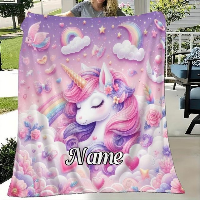Personalisierte Einhorn-Decke mit Namen und Regenbogen-Design von JMG Household Supplies, weicher Fleece-Überwurf für Kinder, Mehrfarbig, B: 150 cm, T: 200 cm - Bild 1