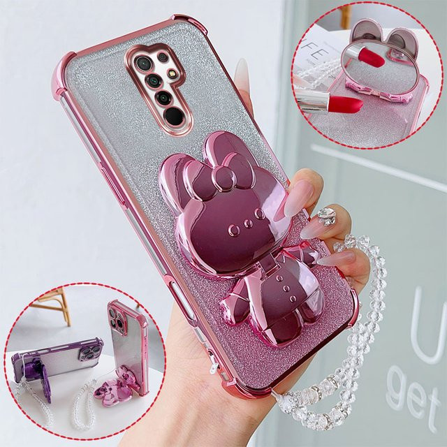 Stoßfeste Handyhülle für Xiaomi Redmi 9 Prime und Poco M2 mit niedlichem Kaninchen-Design, Schwenkständer und Kristall-Lanyard in Pink - Bild 1