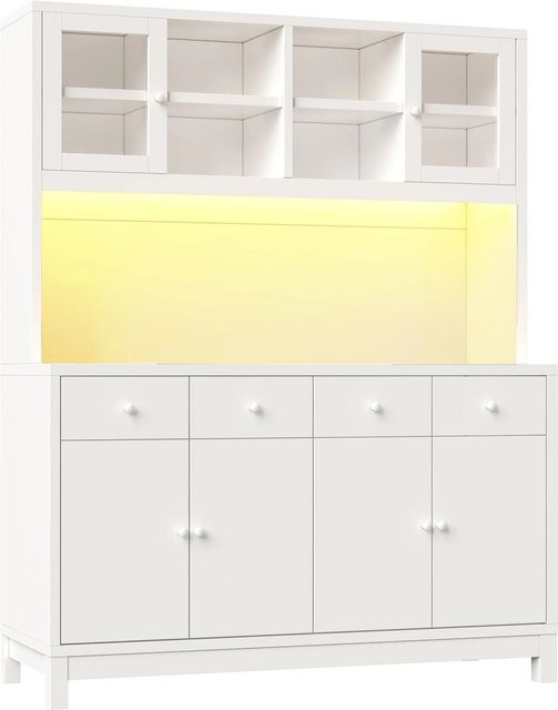 Merax Hochbuffetschrank in Weiß mit Glastüren, RGB-LED und 4 Schubladen, B/T/H: 140 x 38,5 x 180 cm - Bild 1