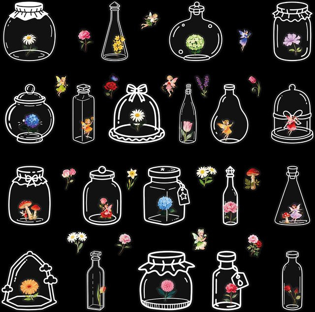56 bis 112 Stück Transparente PET Aufkleber mit Blumen- und Flaschenmotiven für kreative Schreibwaren und Dekorationen in Multicolour - Bild 1