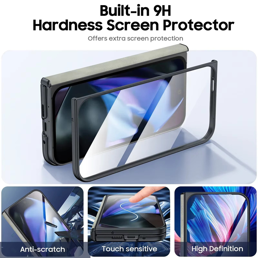BANGZAO Handyhülle für Google Pixel 9 Pro Fold aus mattem PU-Leder mit Scharnierschutz und Schutzfolie, Grau Weiß - Bild 1