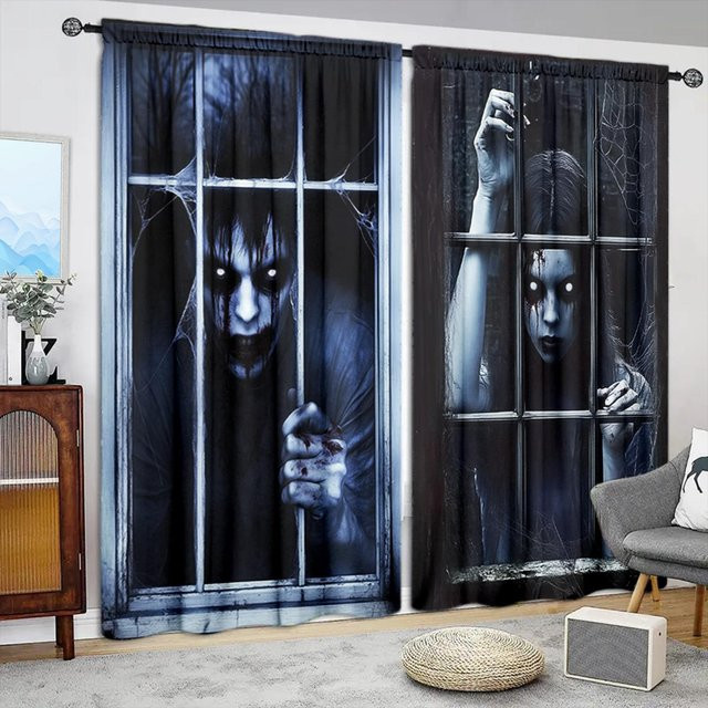 2er-Set bedruckte Vorhänge mit Männer- und Frauen-Motiv in Grau, halbtransparent für Schlafzimmer, Büro und Küche, B: 52,5 cm, H: 116 cm - Bild 1