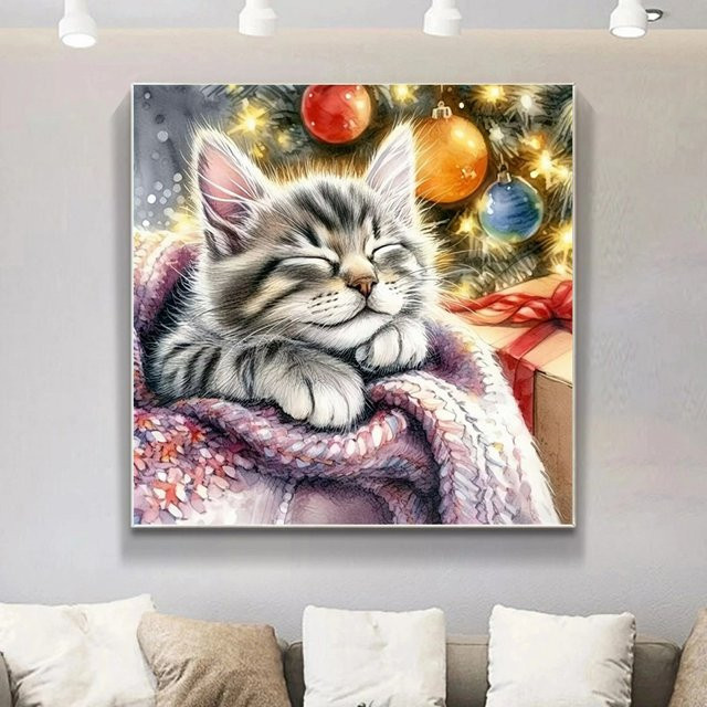Potdemiel 5D Diamant-Mosaik DIY Set Katze mit floralem Design, Mehrfarbig, B/H: 20 x 20 cm - Bild 1