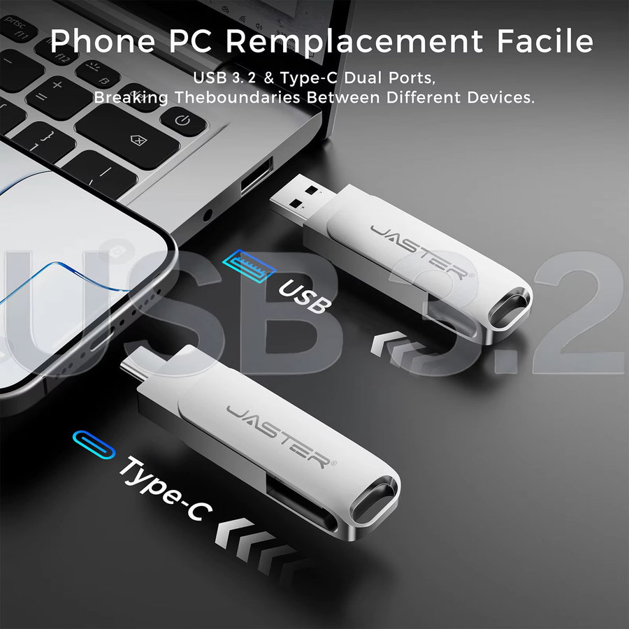 JASTER 2-in-1 USB-C OTG Flash-Laufwerk 128 GB, USB 3.2 Stick mit 100 MB/s in Silber - Bild 2