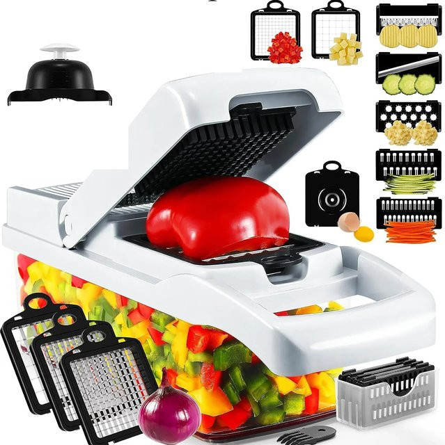 15er Pack Multifunktions-Gemüsehacker mit verschiedenen Aufsätzen als Zwiebelschneider, Reibe und Chopper in Schwarz oder Weiß aus Kunststoff - Bild 1